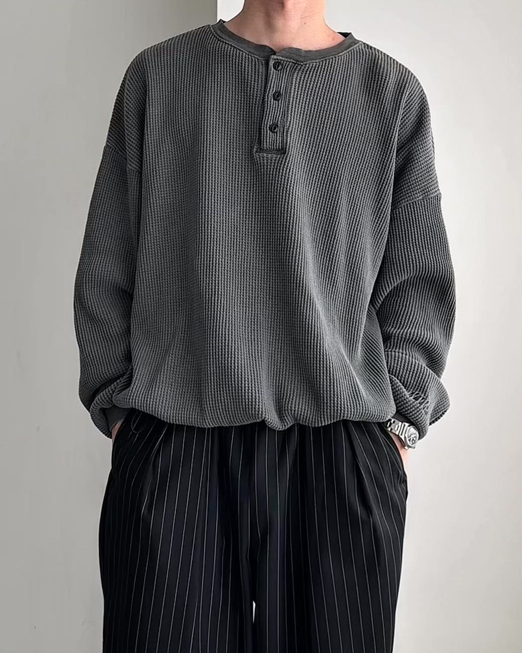 セール】HENRY NECK PIGMENT WAFFLE LONG TEE / ヘンリーネック