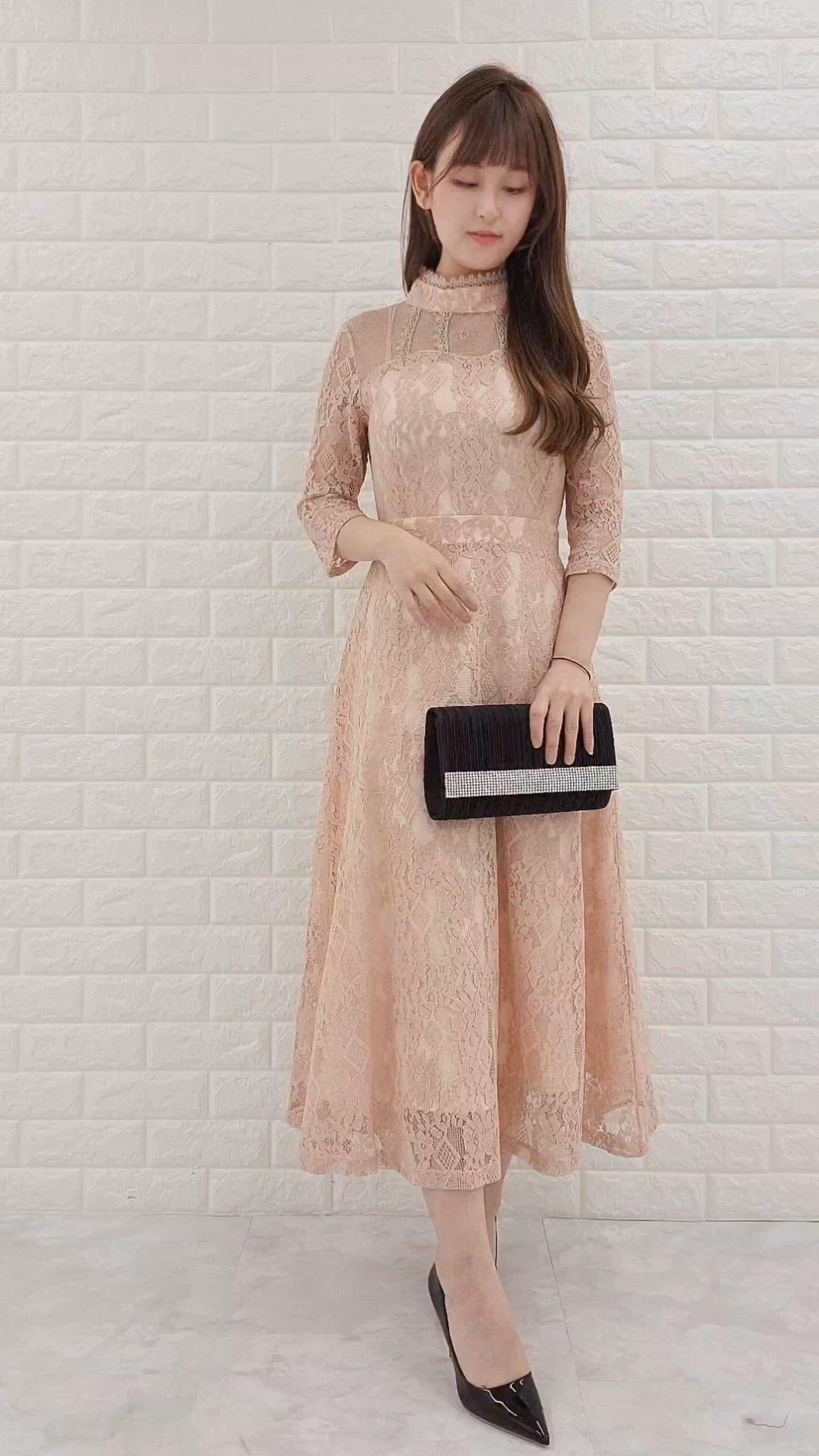 セール】ハイネック 七分袖 総レース ロング丈ワンピースドレス