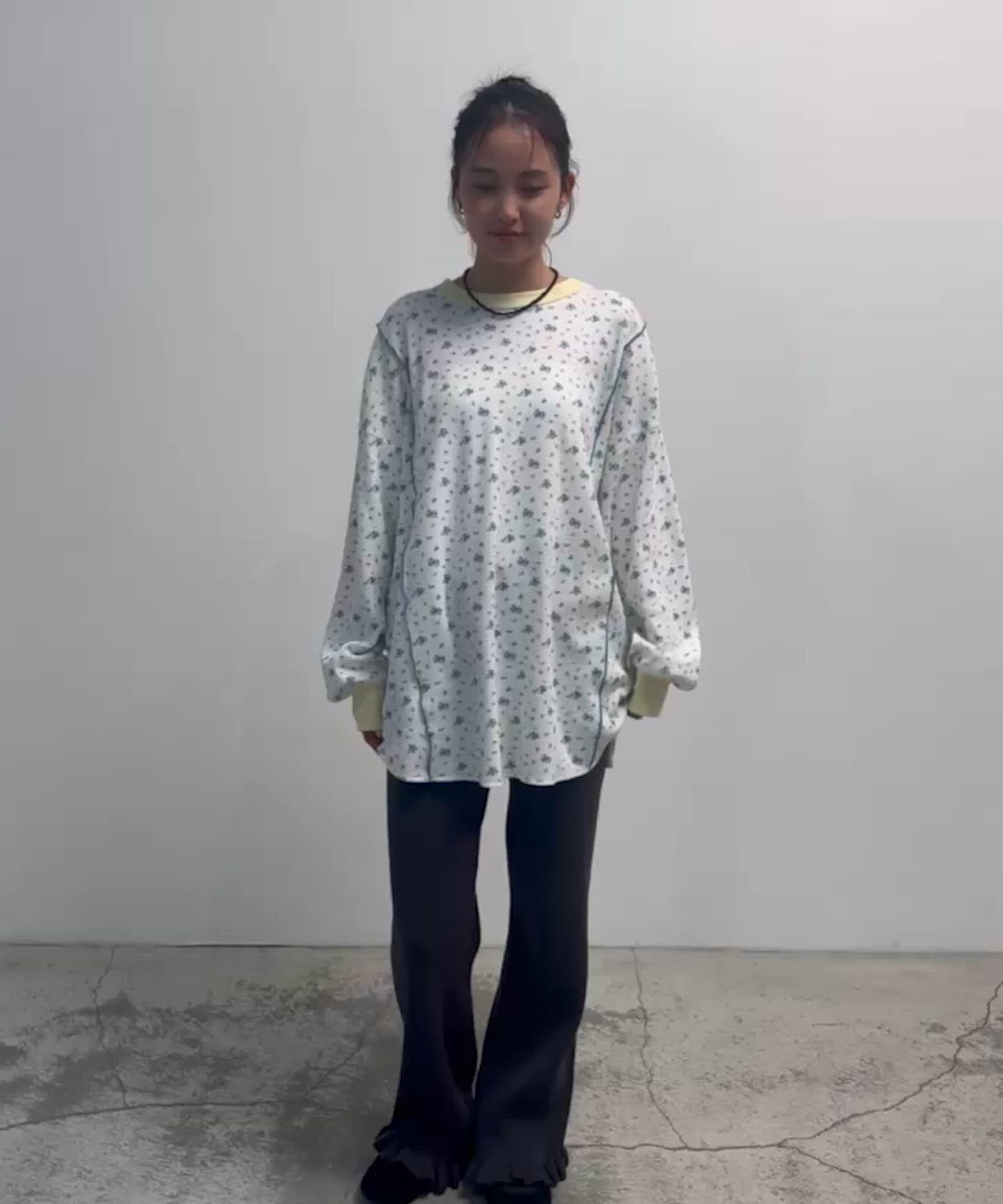 セール】【forksy.】小花柄ワッフルメロー配色オーバーサイズロンT