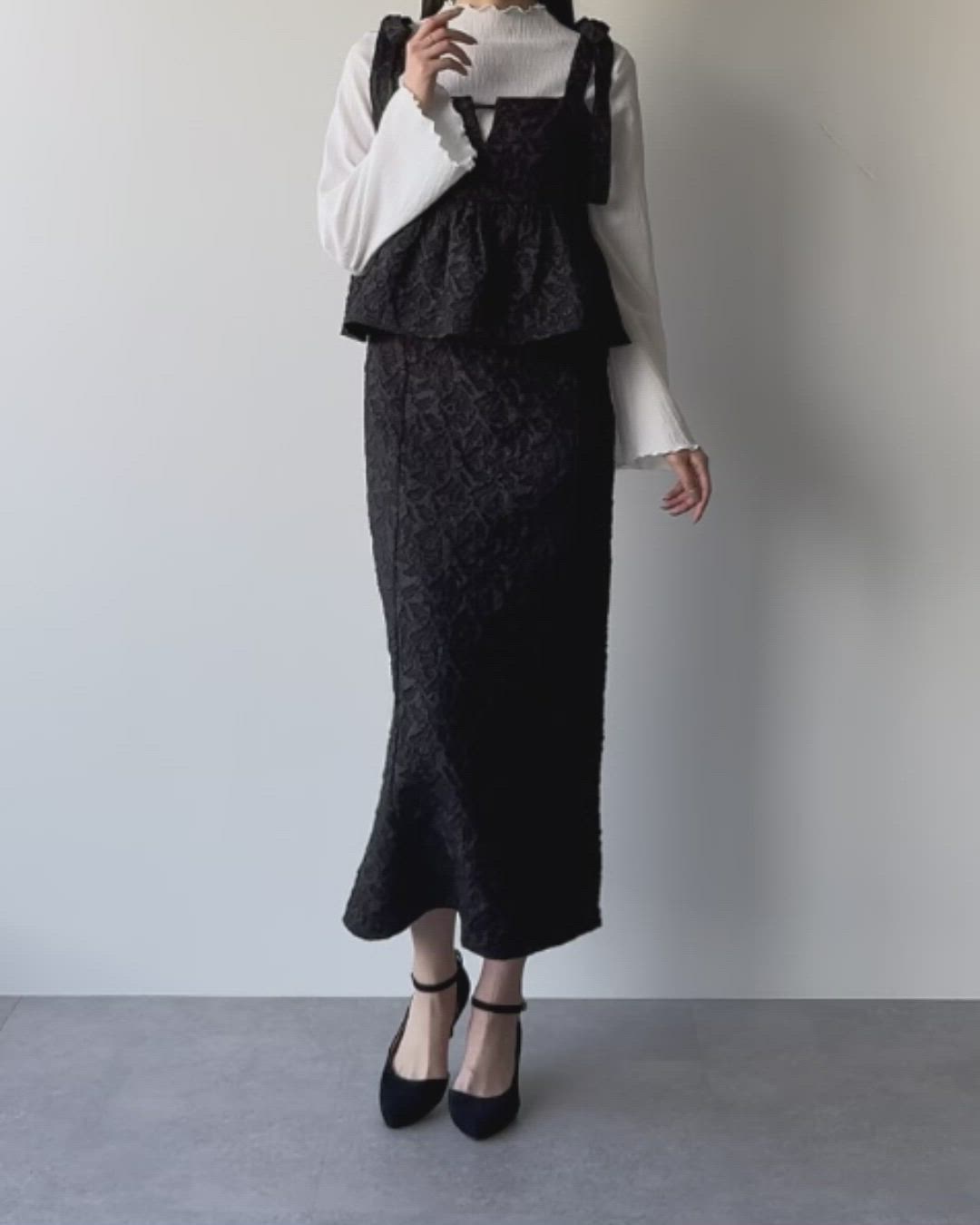 セール】肩リボンジャガードペプラムキャミワンピース（ワンピース