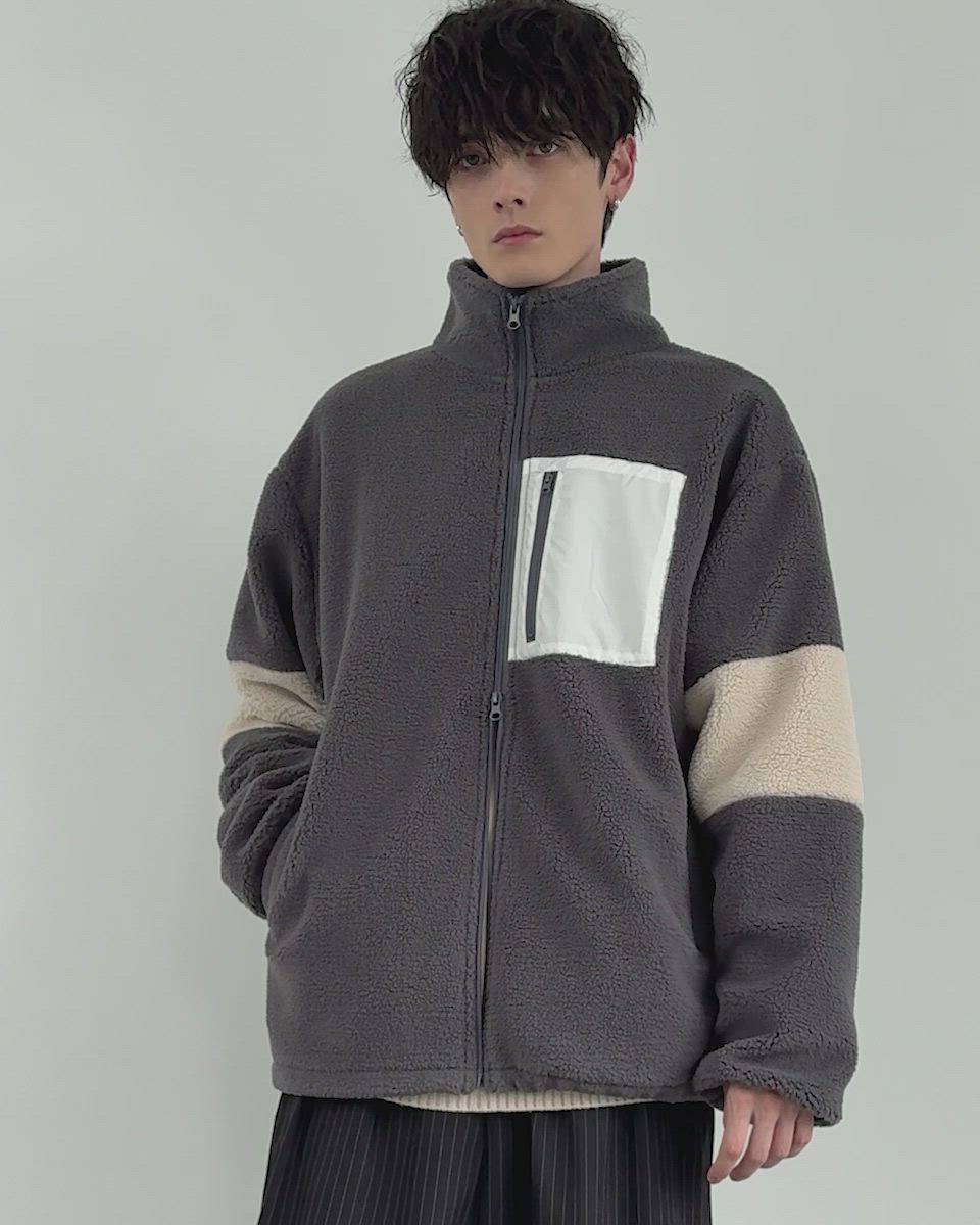 25AW】防風ボア袖ライン切替スタンドネックジャケット(ドローコード