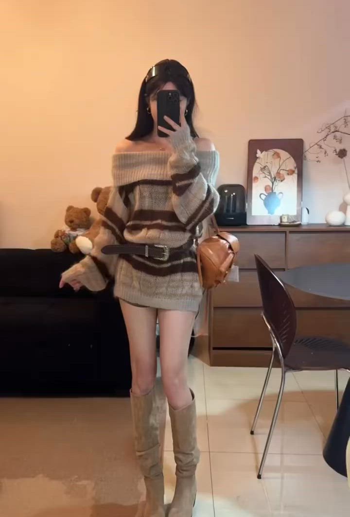 セール】ベルト付き｜オフショルダーボーダーニットトップス（ニット