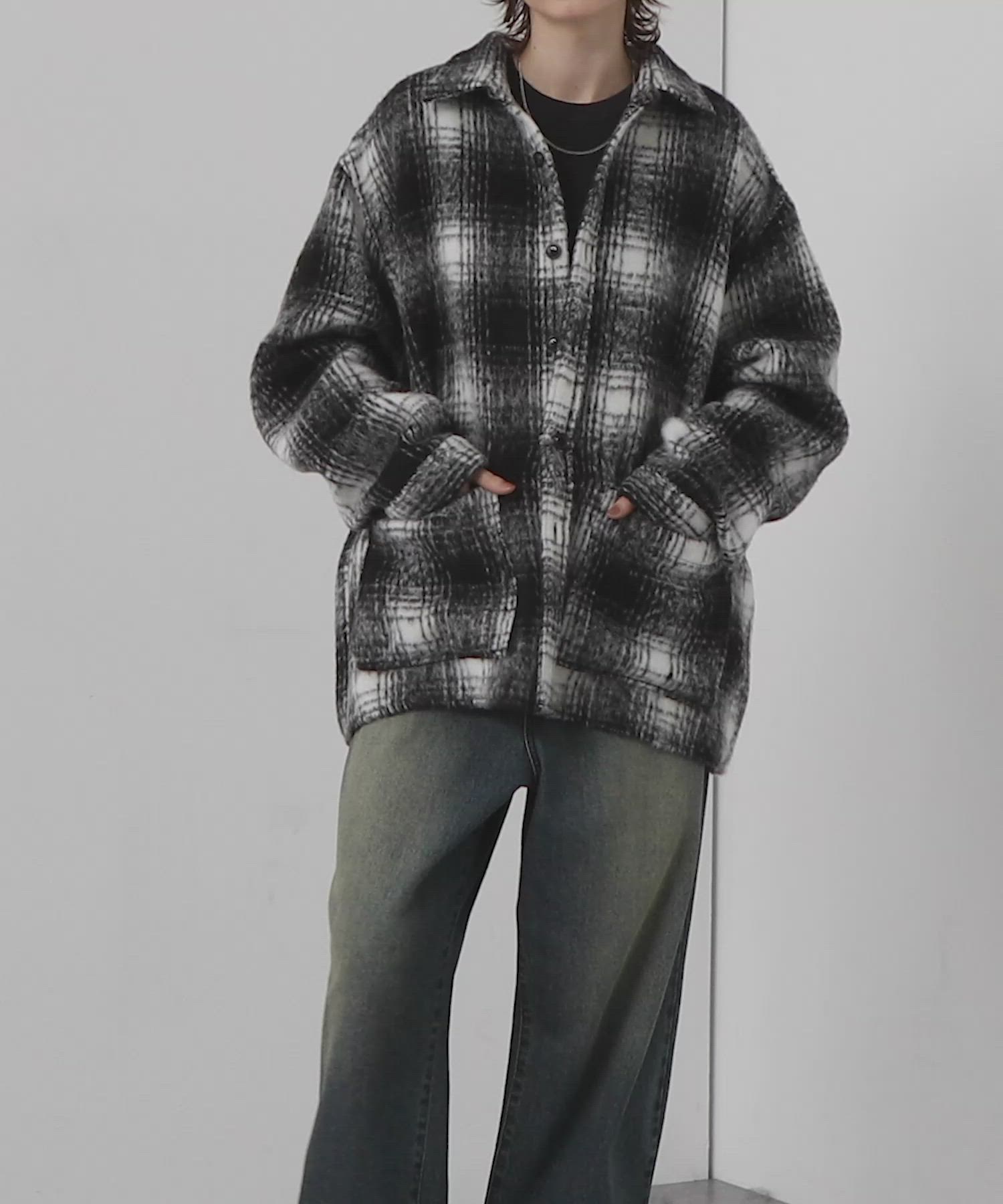 古着　オンブレチェック　ネル　シャツジャケット　シャギーブルゾン　起毛　L白黒. セール】【Alfred Alex】オンブレチェック オーバーサイズ シャギーCPO