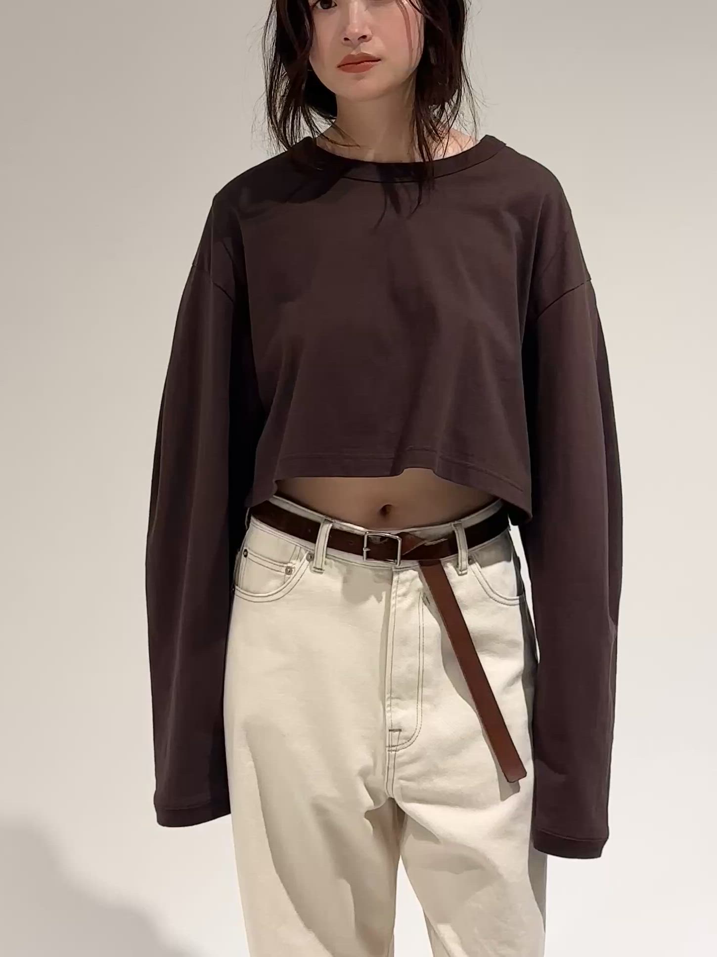 スリーブタッククロップドロングTシャツ クロップド丈カットソー