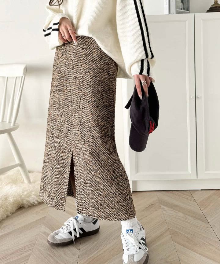 セール】上品見え♪ツイードヘリンボーンハイウエストタイトスカート