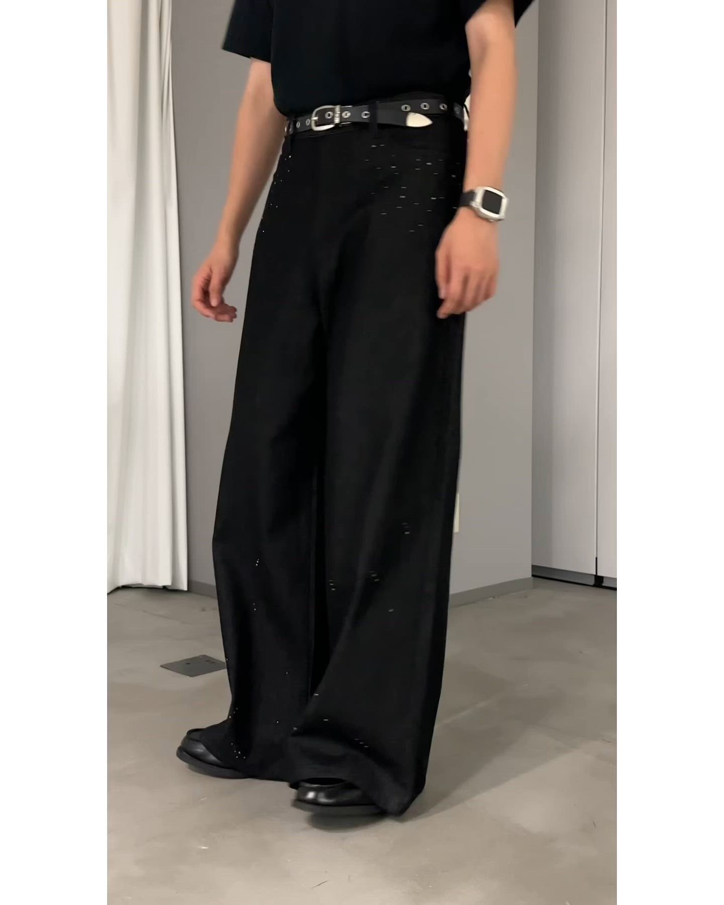 セール】RHINESTONE WIDE RIGID DENIM PANTS/ラインストーンワイド