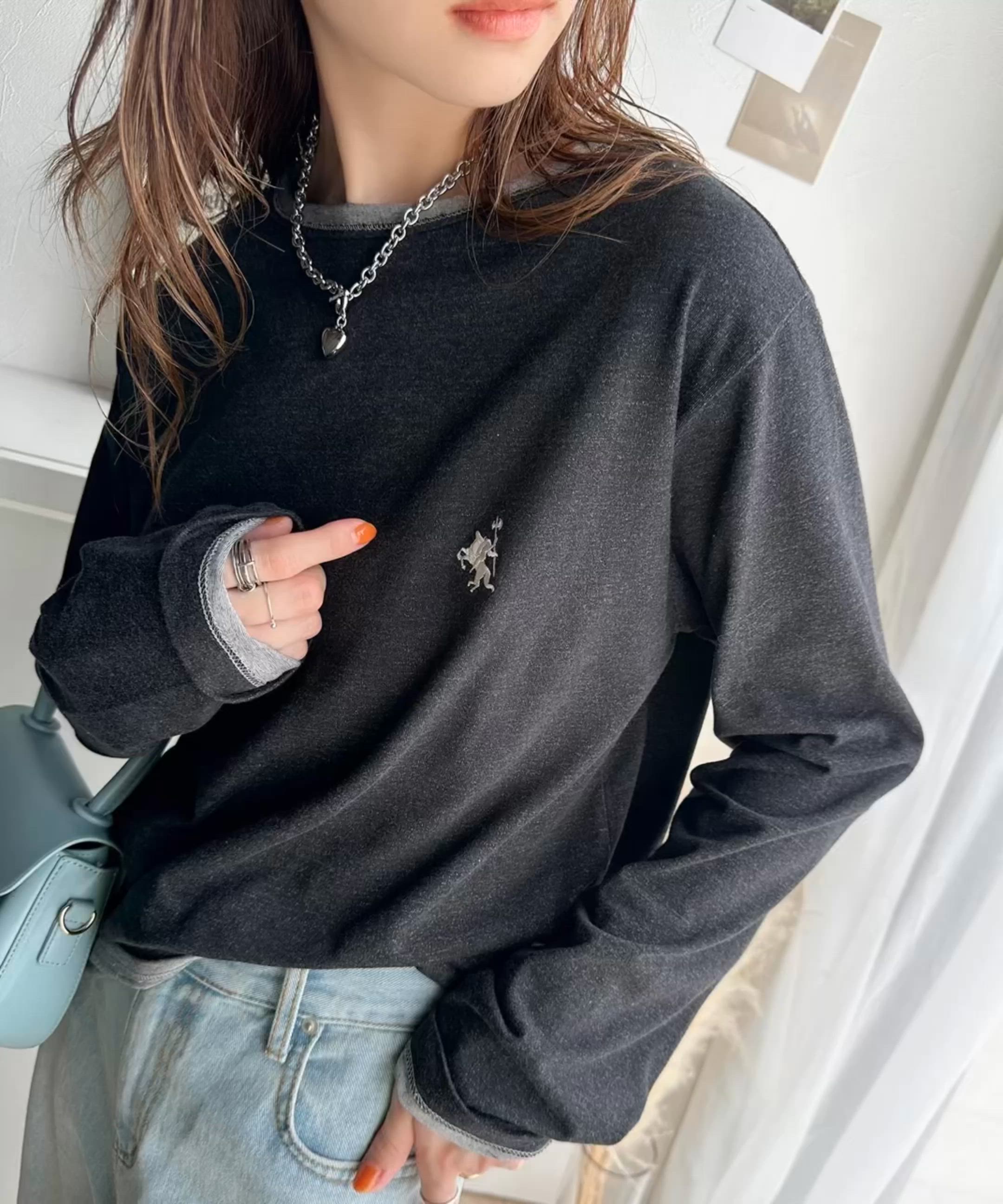 セール】ヴィンテージ感をプラス。綿100%衿バイカラーワンポイント刺繍