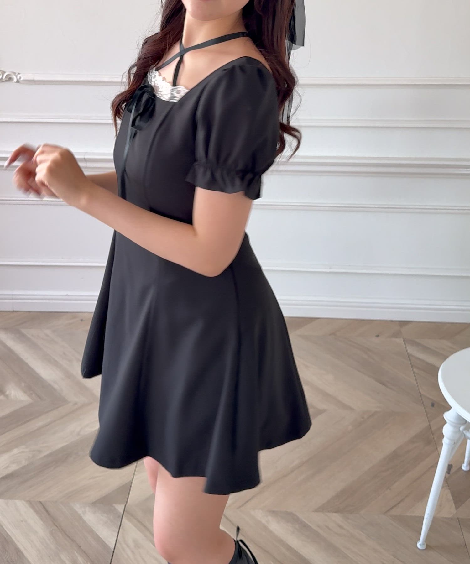 Anely クロス リボン パフスリーブ ミニ ワンピース（ワンピース