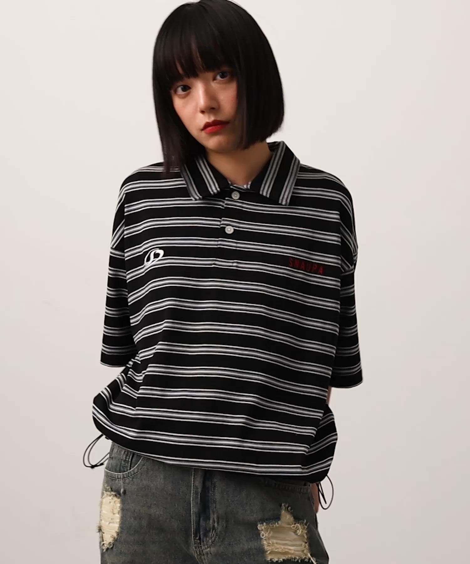 Snap club】ビッグシルエット ロゴ刺繍 ボーダー半袖ラガーポロシャツ