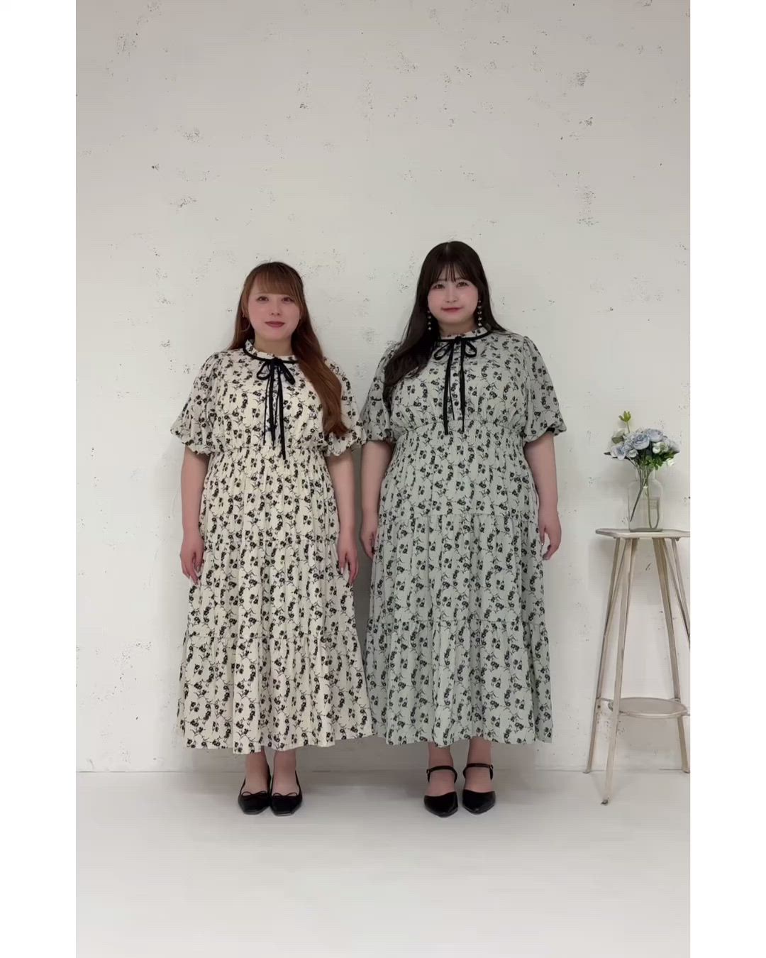 【現行品】familiar 刺繍リボン 半袖ワンピース　テリア 大きいサイズ】配色リボン付きティアード半袖ワンピース（ワンピース