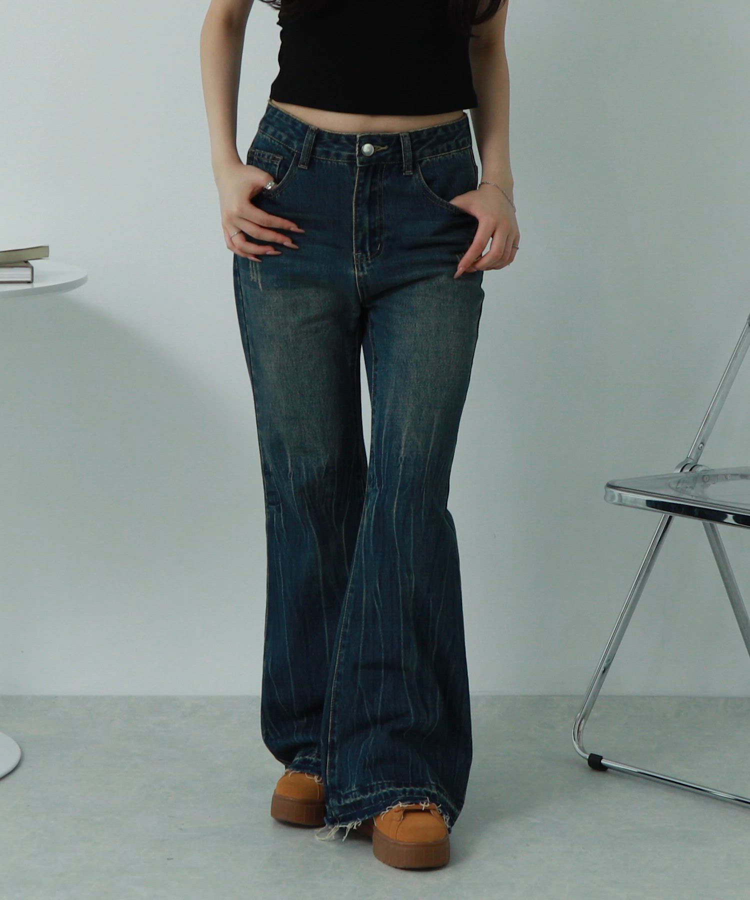 NuNuNa】ヴィンテージ加工カットオフダメージフレアデニムパンツ 