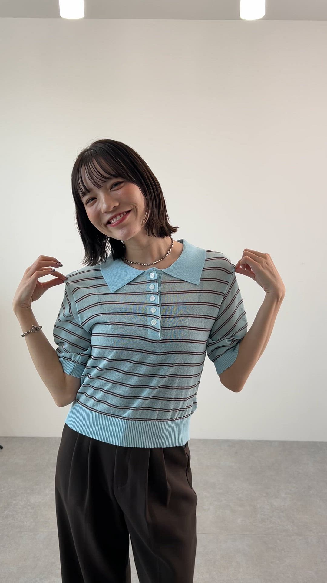 セール】【新登場】抜け感のあるボーダーシアーポロニット / 半袖