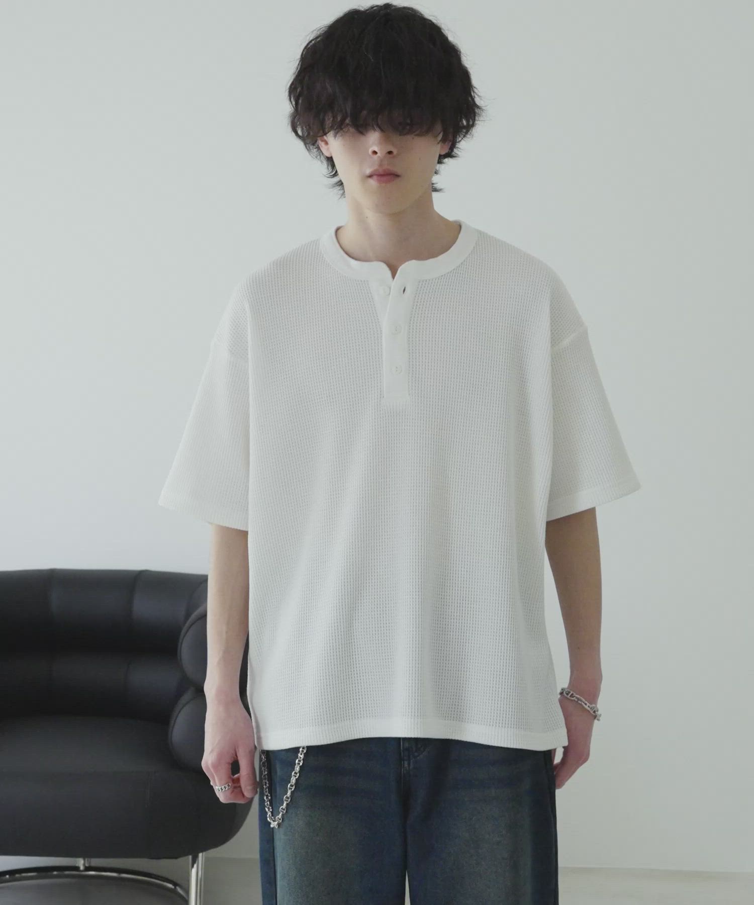 オーバーサイズ T/Cワッフルヘンリーネック半袖Tシャツ（Tシャツ