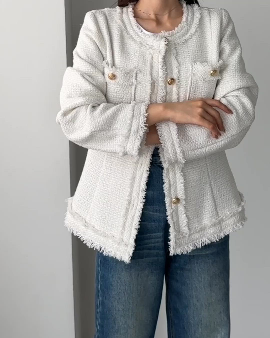 セール】ウエストシェイプラメツイードジャケット（ノーカラー