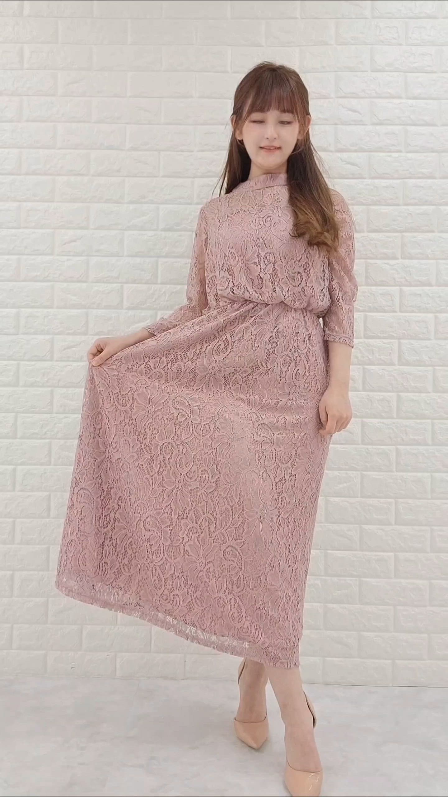 シースルー袖総レースロング丈ワンピース・ドレス（ドレス）｜Lace