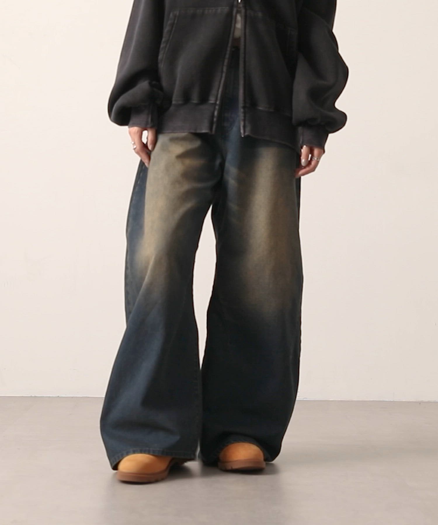 Snap club】ヴィンテージ加工ワイドカーブデニムパンツ（デニムパンツ