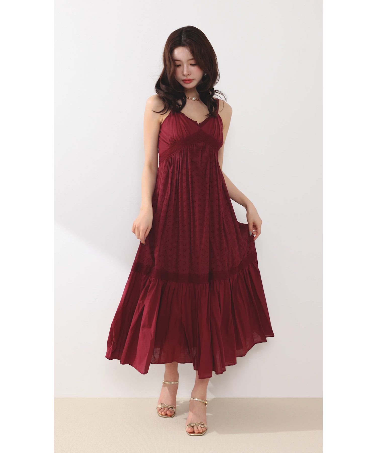 コットンレースティアードキャミワンピース 春服 夏服（ワンピース 