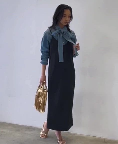 綿100％ライトオンスデニムリボンタイ付シャツ 綿100％ライトオンスデニムリボンタイ付シャツ＜大きいサイズ有