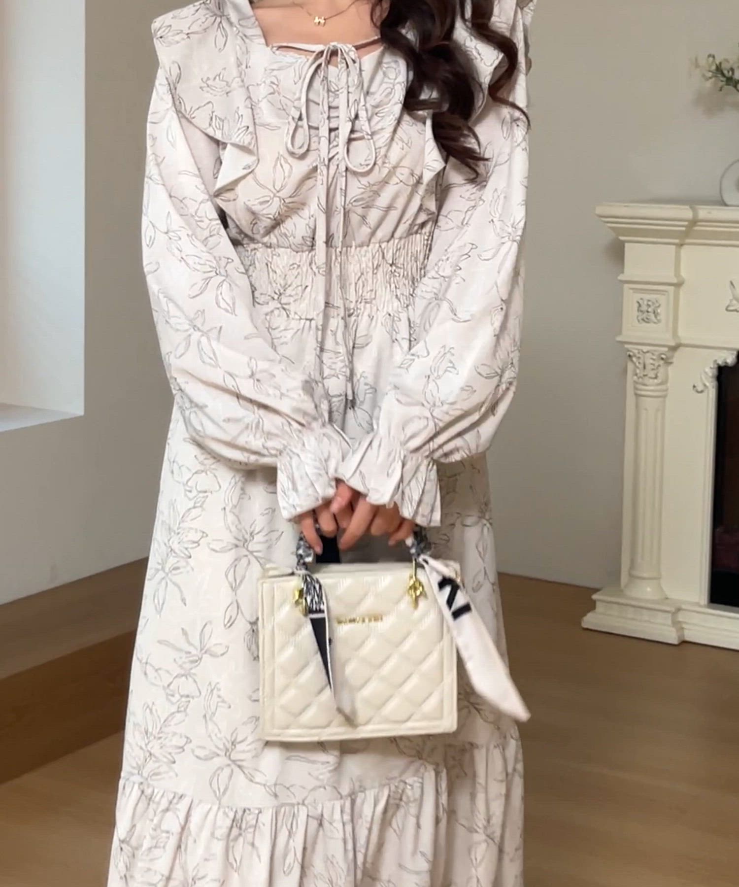 セール】ボタニカル柄 フリル リボン ティアード ロング ワンピース