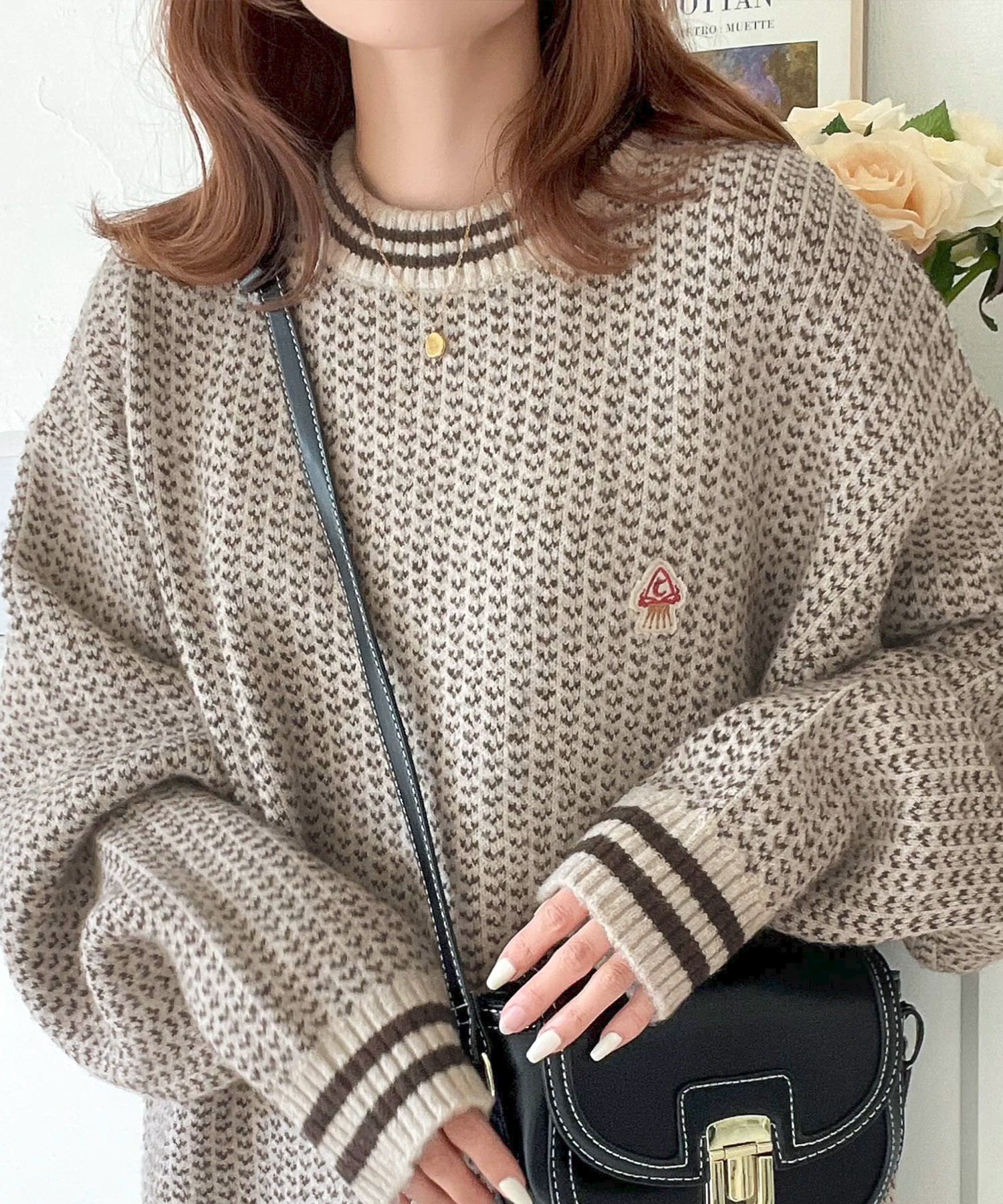 セール】レトロな配色がお洒落映え。刺繍ワッペンジャカードニットプル