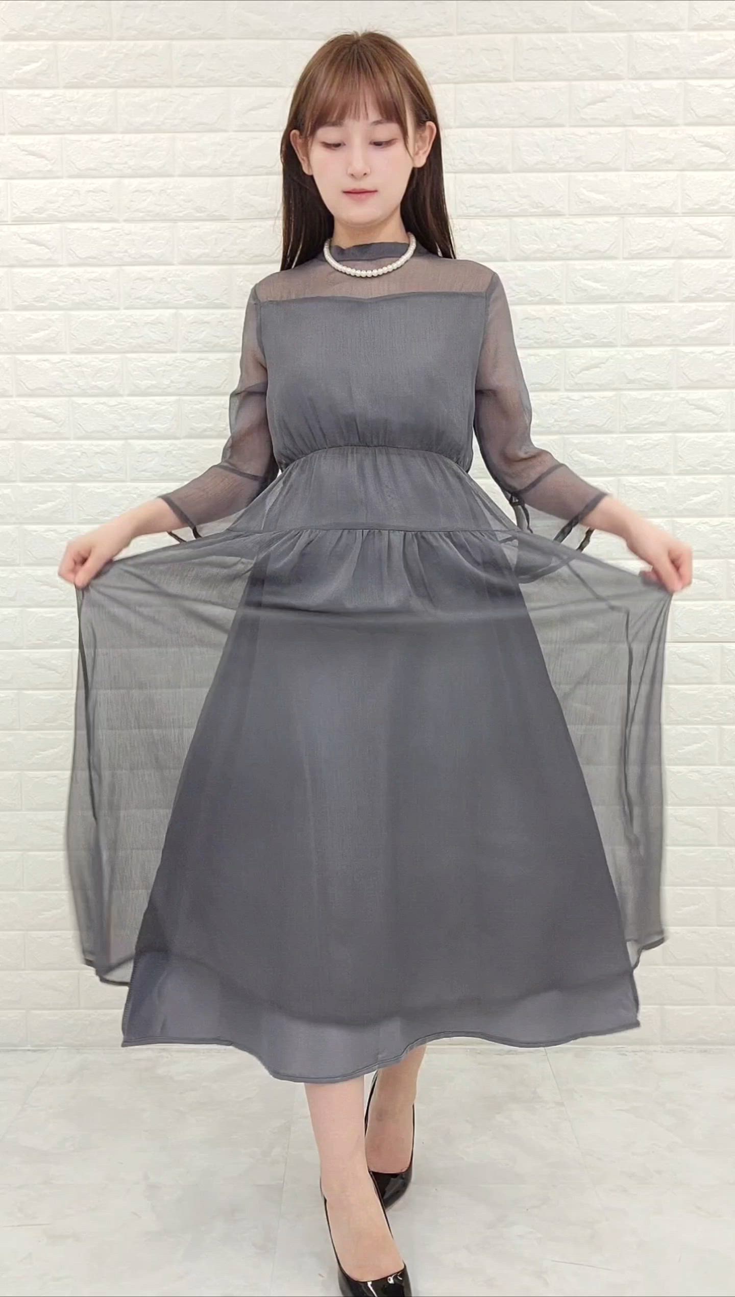 セール】ウエストギャザーフレアシフォンワンピース（ドレス）｜Lace