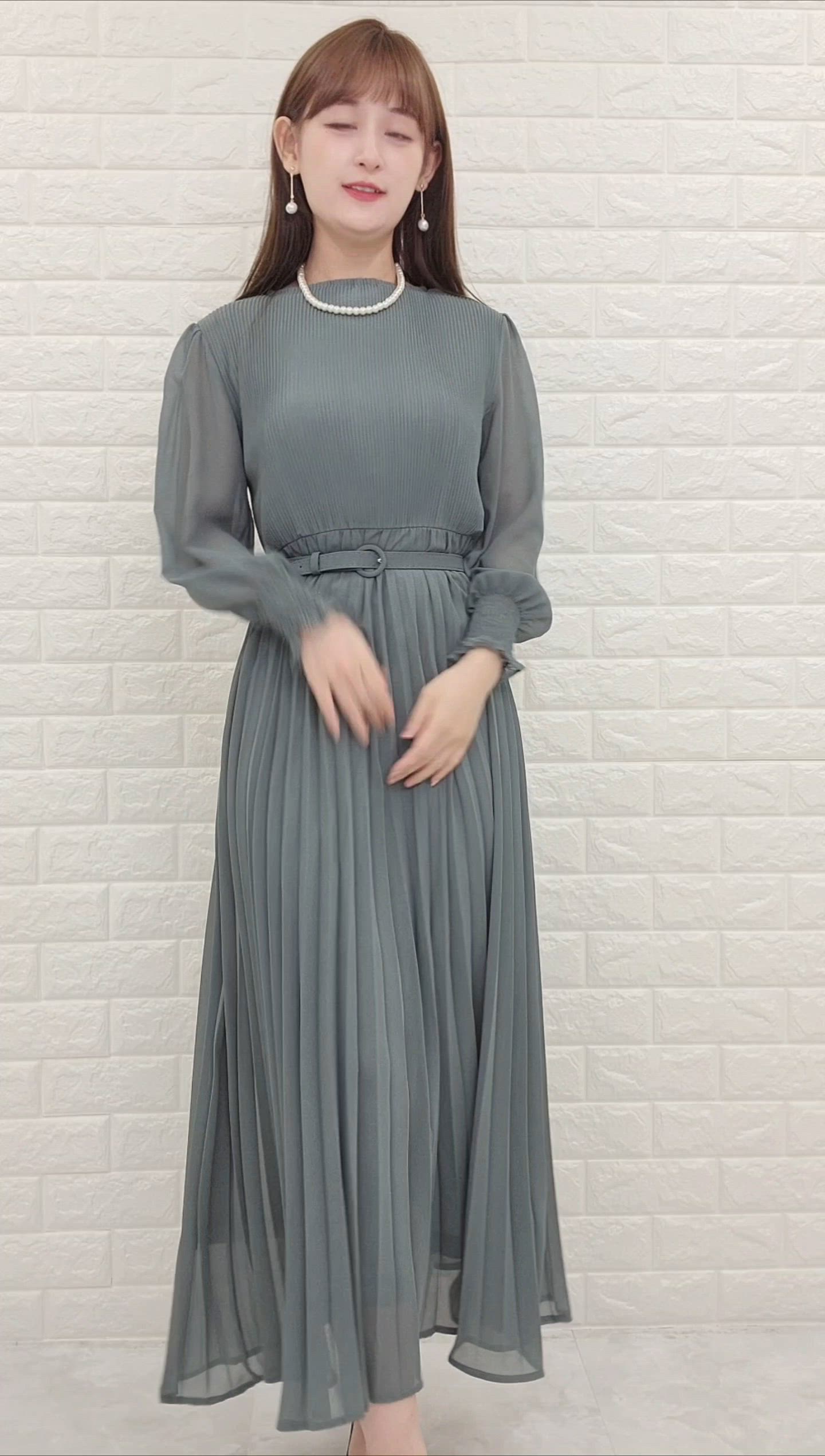 セール】ベルト付きシフォンプリーツ長袖ワンピース（ドレス）｜Lace