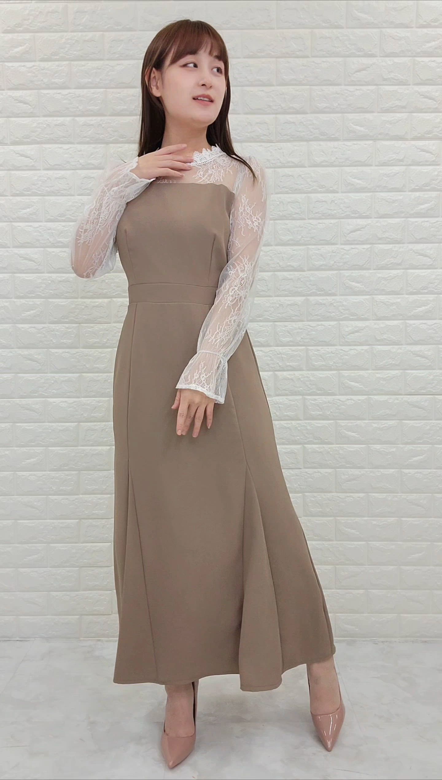 セール】キャンディスリーブレースドッキングロングワンピース（ドレス