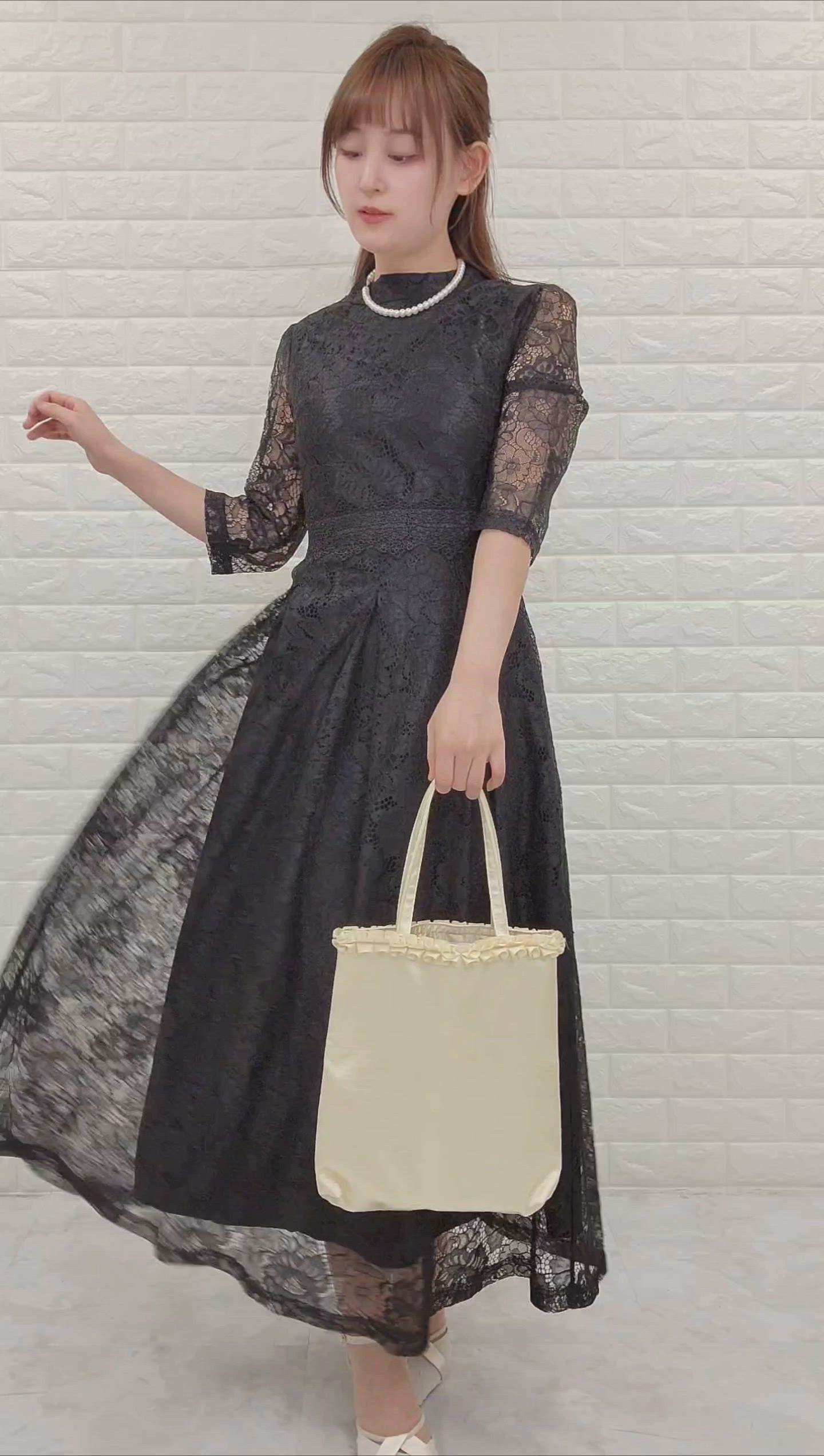 セール】大柄レース7分袖配色フレアワンピース（ドレス）｜Lace Ladies