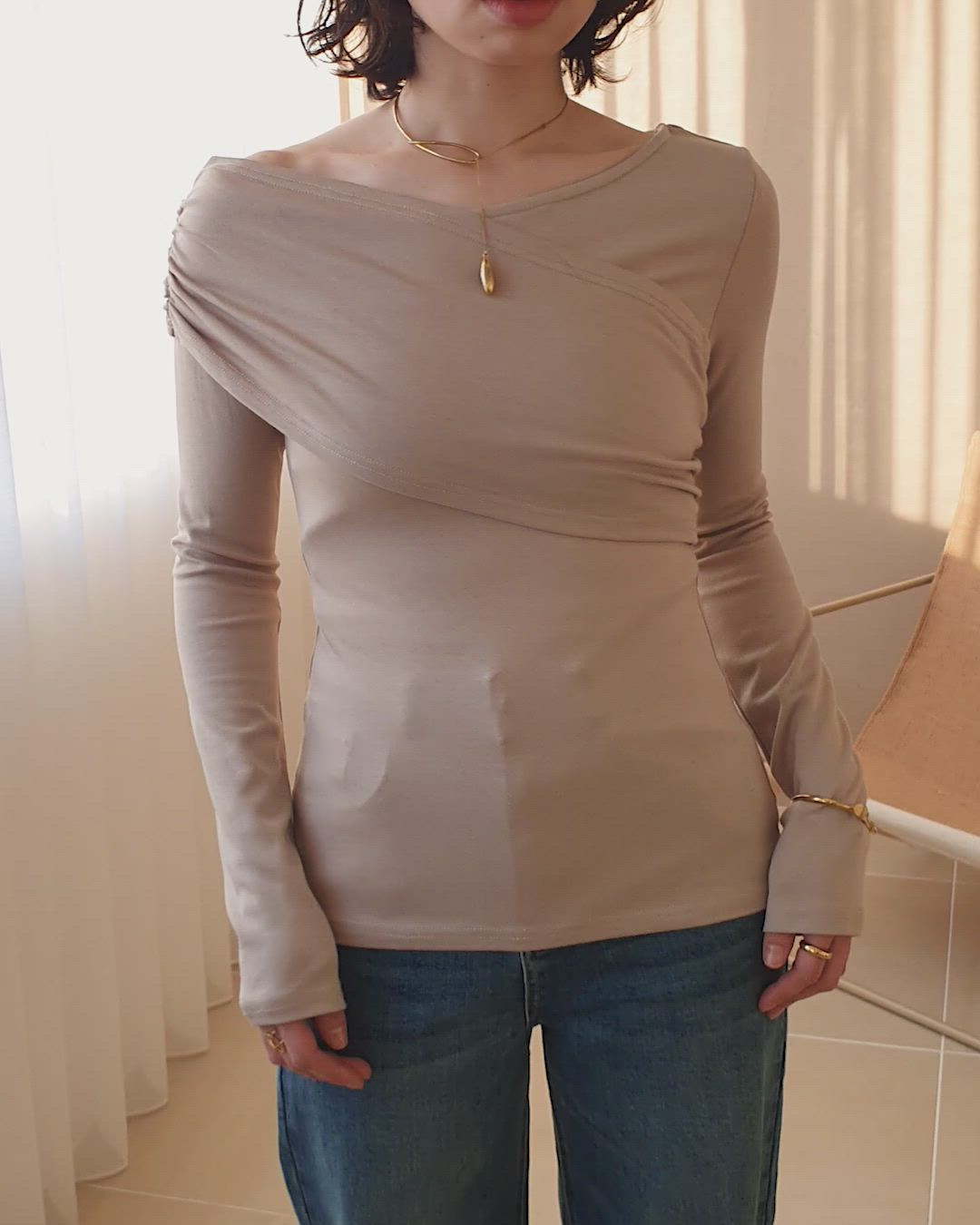 asymmetry gather tops /アシンメトリーギャザーストレッチ長袖