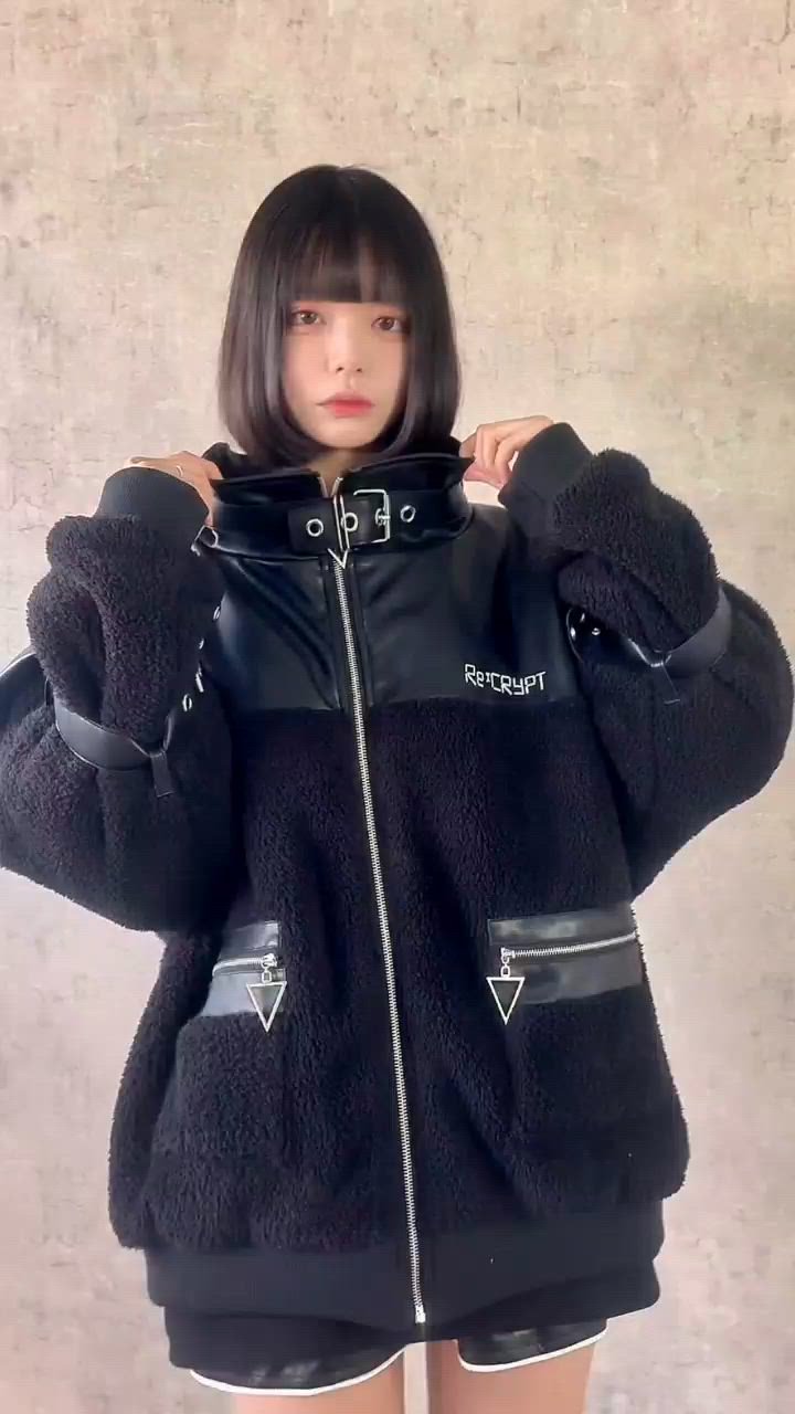 セール】ベルトPU切り替えフェイクファージャケット / フェイクファー