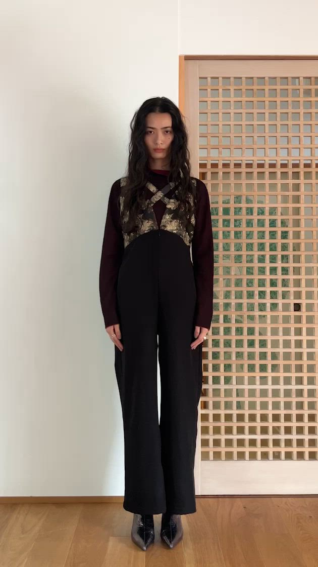 セール】Cross Neck Jacquard Jumpsuits/クロスネックジャガード