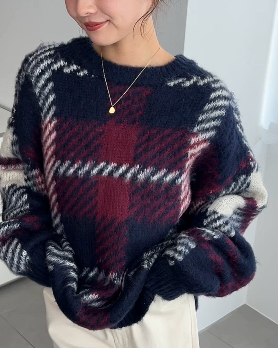 【45R】45rpm 馬比古ウール100% ジャガードニットセーター チェック柄 BEAMS HEART（ビームス ハート）チェック柄 ジャカード ニット（手洗い