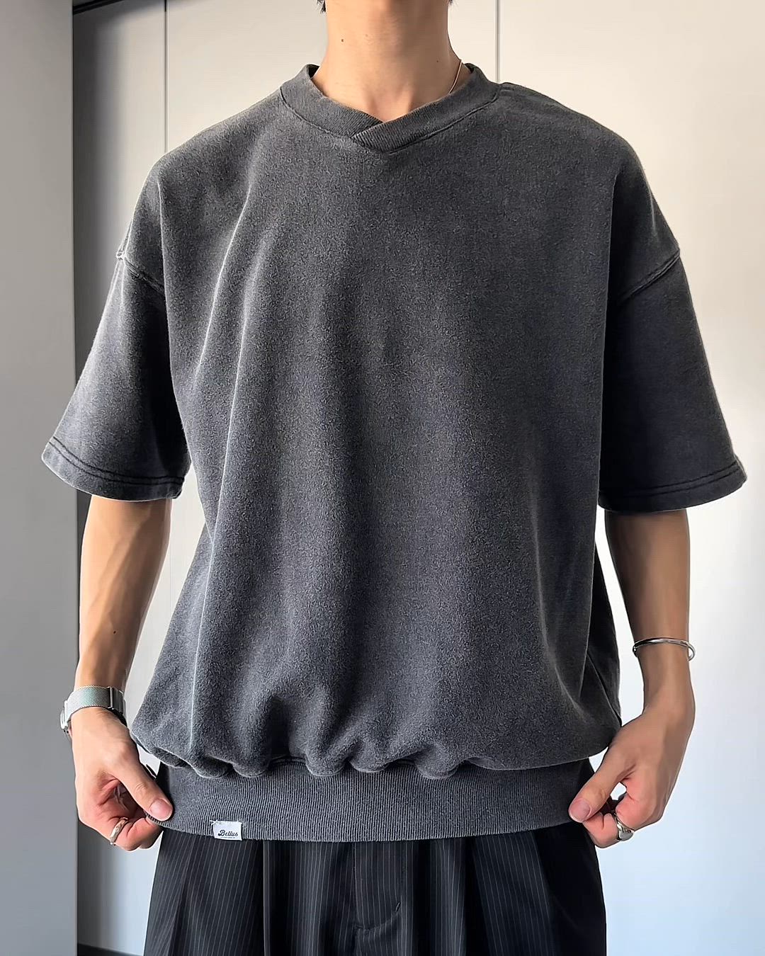 セール】Shallow V-neck Short Sleeve Sweat / 浅Vネック裏毛半袖