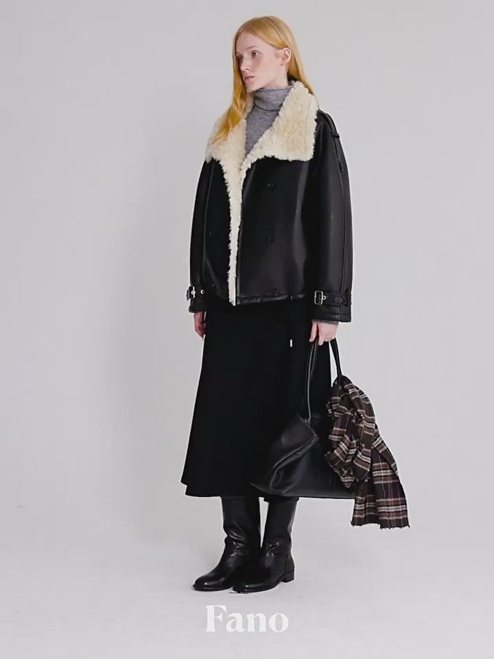 ファーカラー ダブルブレスト ブラックフェイクレザージャケット