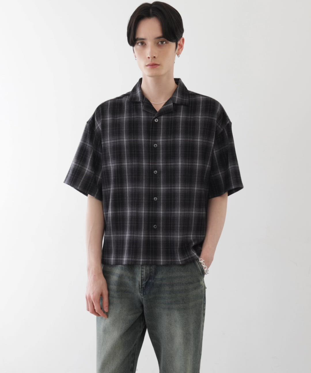 LUENNA】Open Collar Short Sleeve Check Shirt / オープンカラー半袖