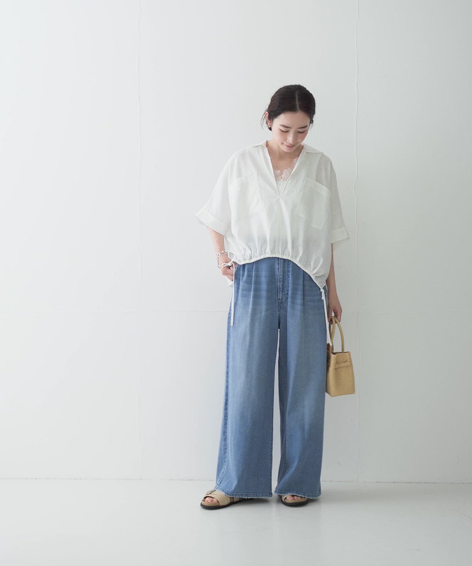 セール】ラミーレーヨンハーフスリーブギャザーヘムシャツ（シャツ