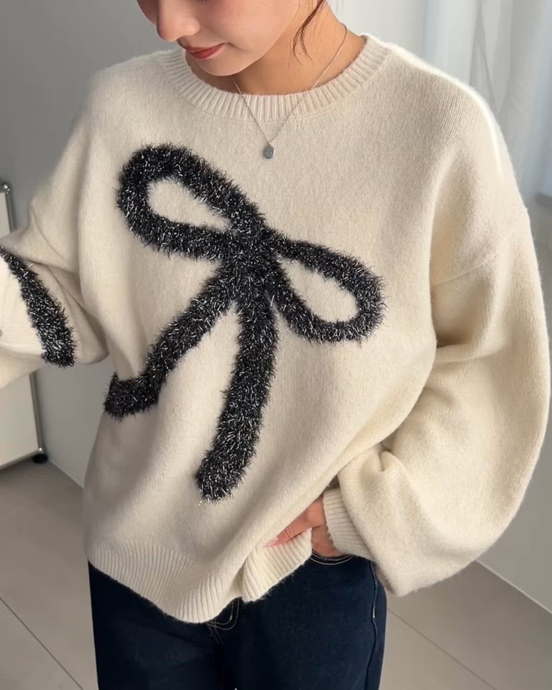 セール】ラメシャギーリボンジャガードもちもちニットプルオーバー