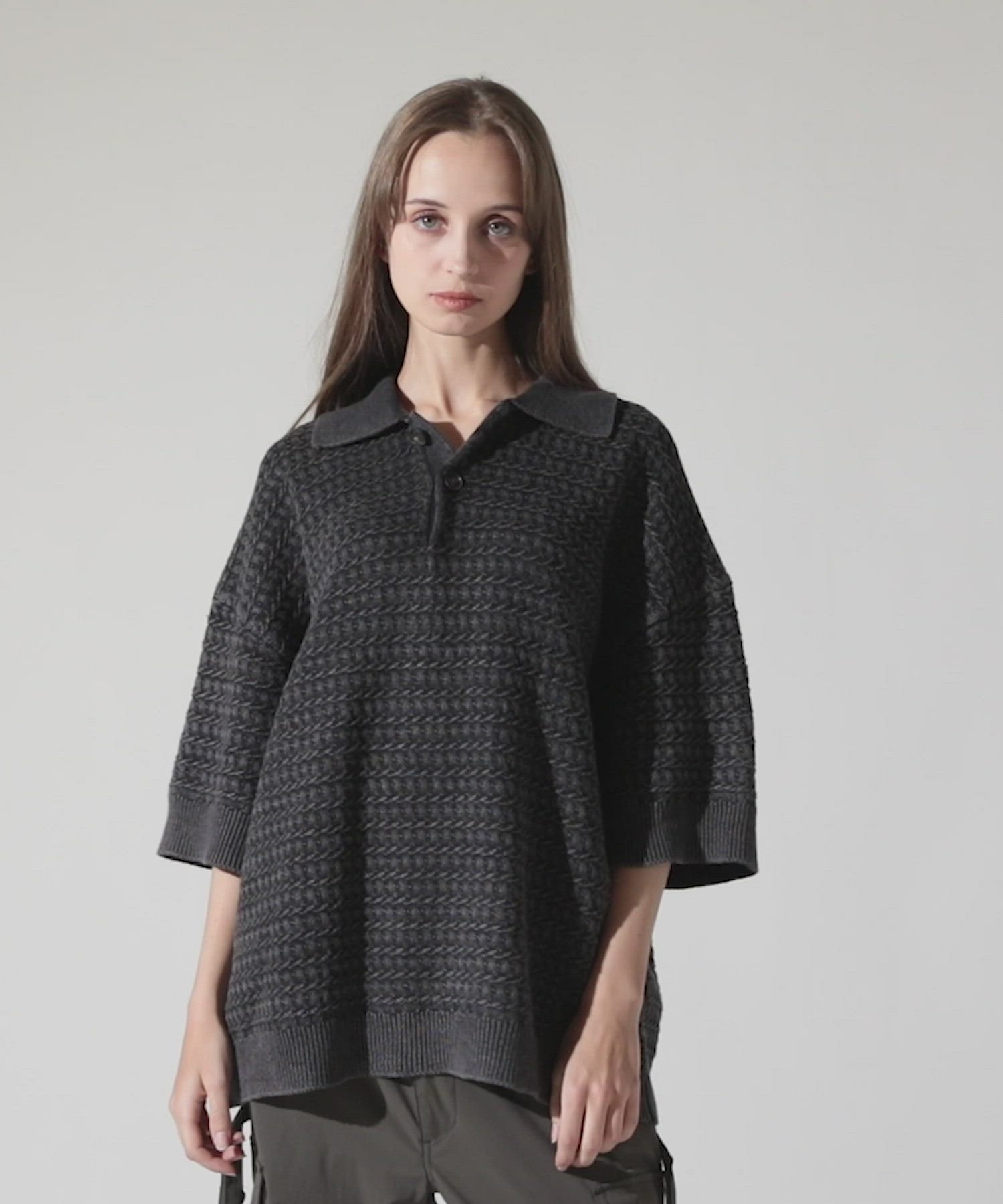 CLEL】Vintage Design 3D Jacquard Short Sleeve Knit Polo