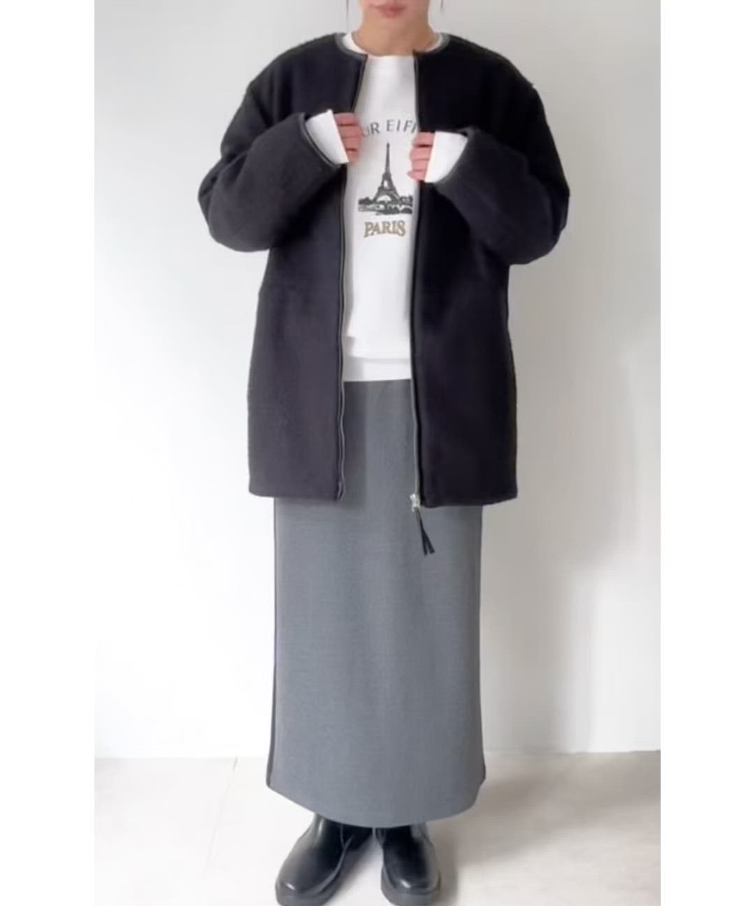 quaranciel: ノーカラー パイピング ジップ コート（ノーカラーコート