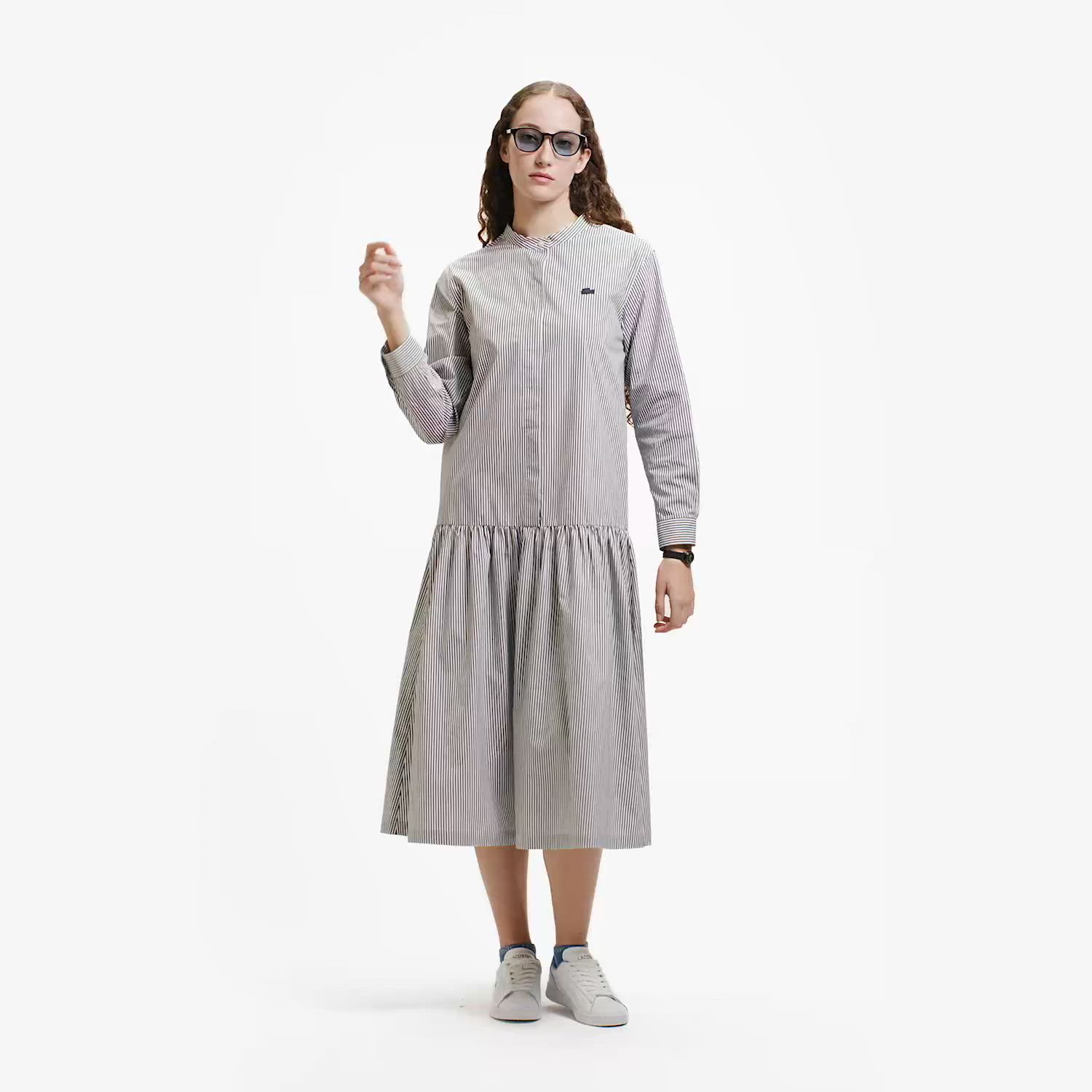 バンドカラーロングシャツドレス / ストライプシャツワンピース