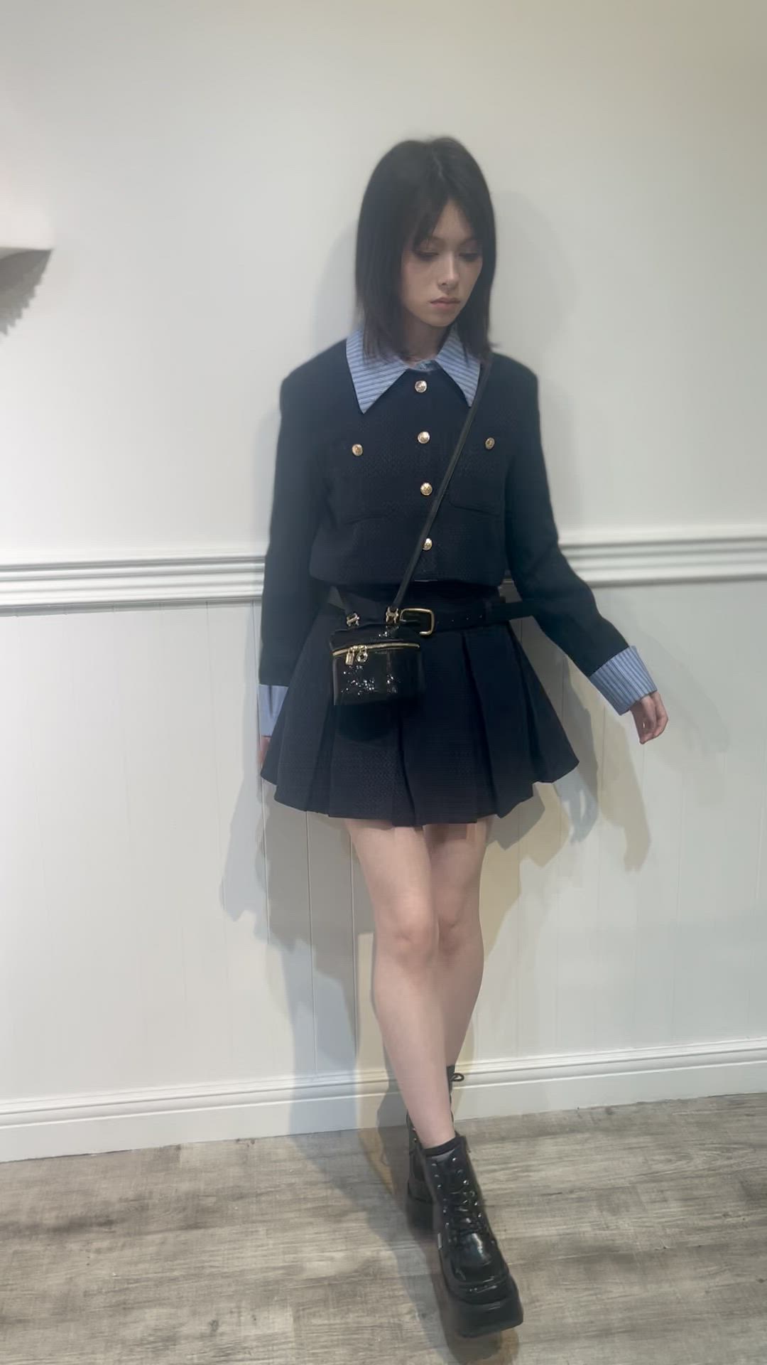 新色登場！ベルト付き パッチワークネイビージャケットセットアップ