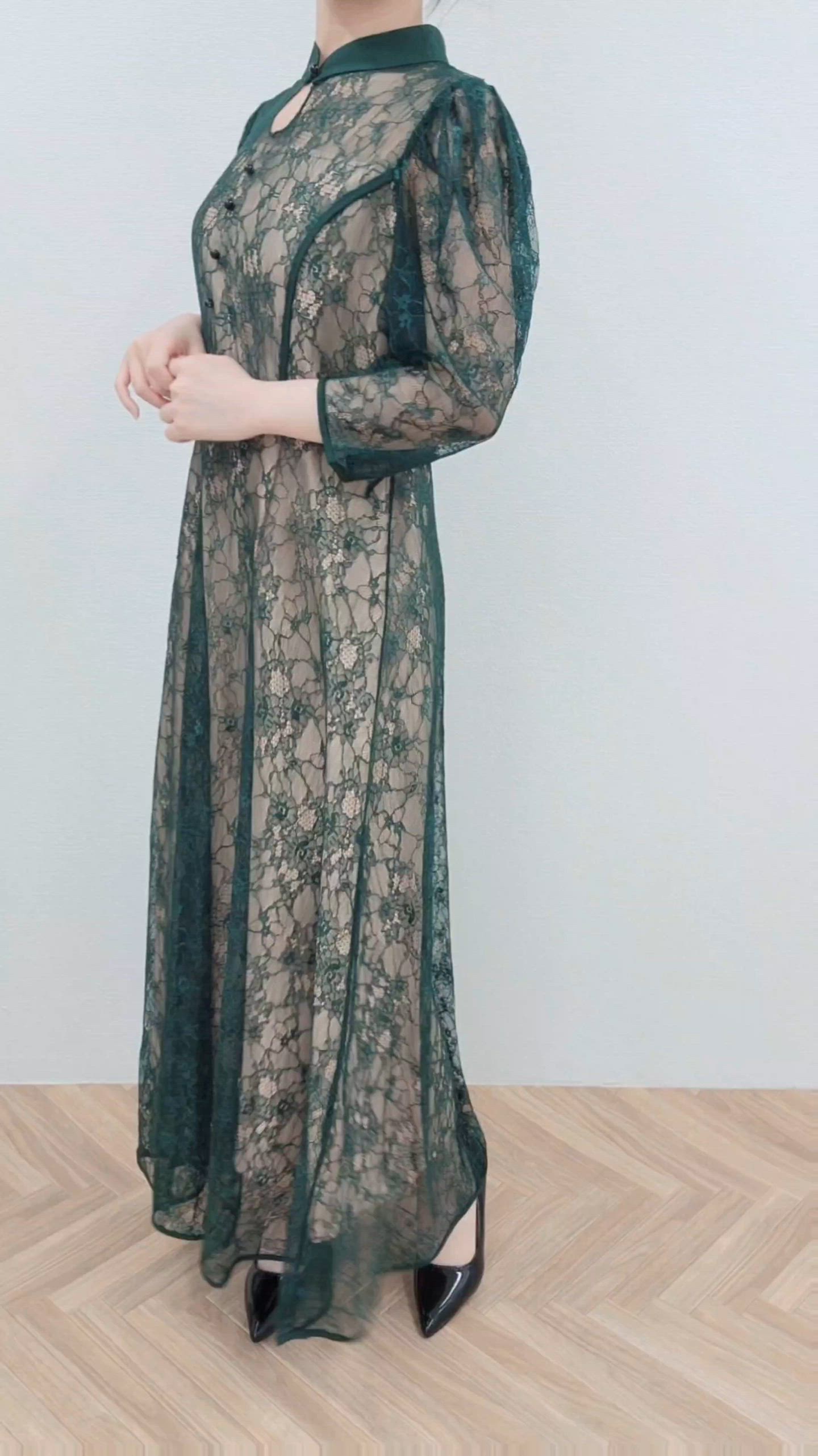 セール】7分袖 総レース 花柄 プチハイネック ワンピース（ドレス