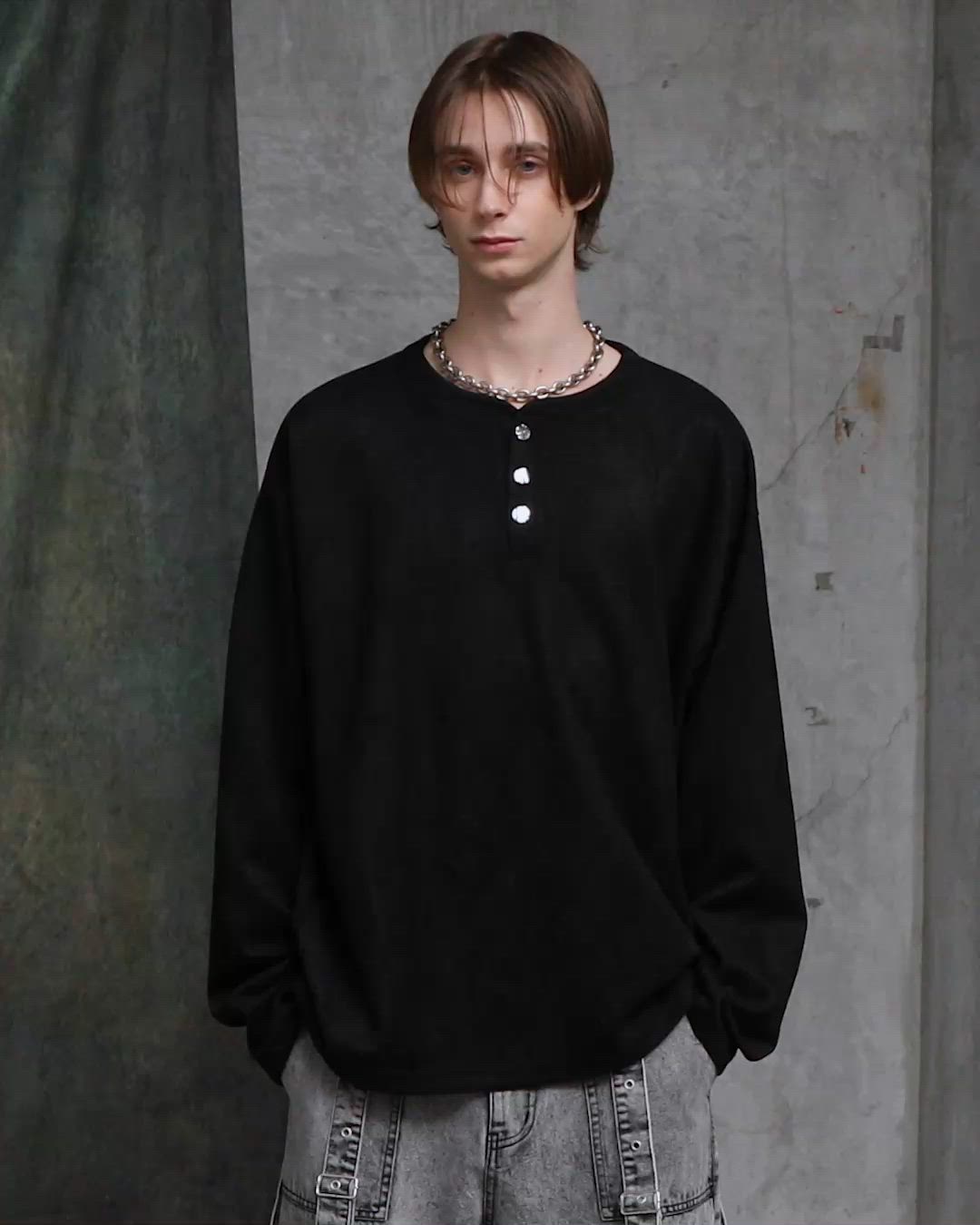 SERACE】Suede like loose henry neck long tee / スウェードライ