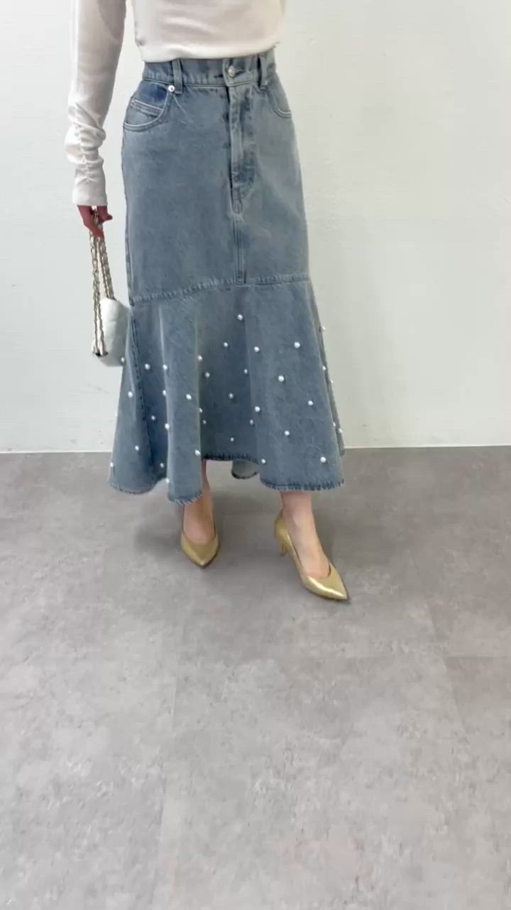 今すぐお届け！・女子力UPデニム】パール付きデニムマーメイドスカート
