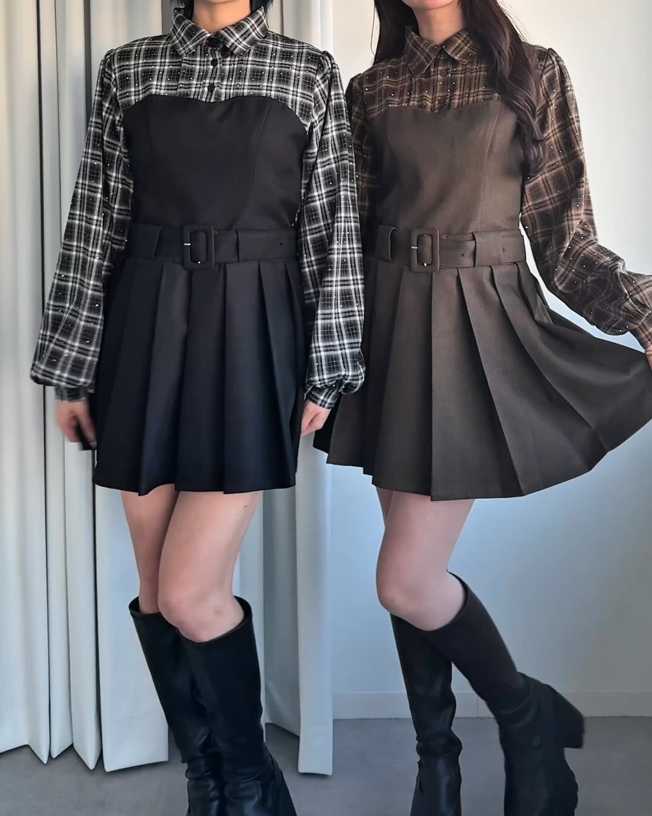 セール】plaid pattern shirt docking pleats mini dress / チェック