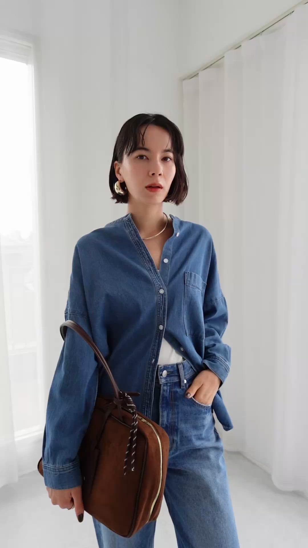 オーバーサイズ バンドカラー デニムシャツ（シャツ/ブラウス）｜ANGIE