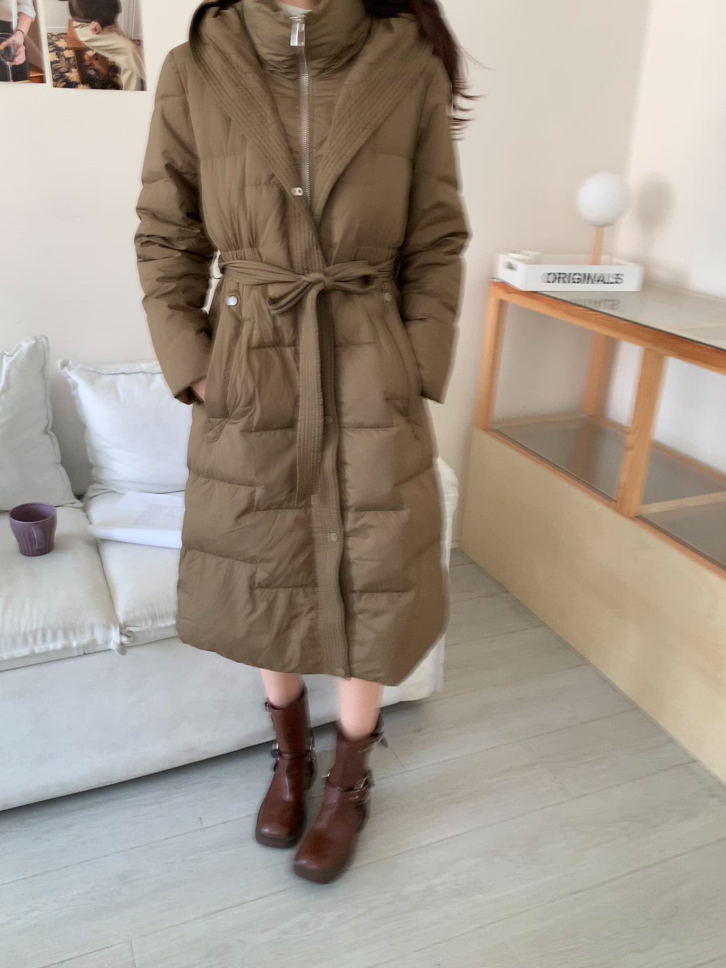 セール】ウエストリボン付きロングダウンコート（ダウンジャケット