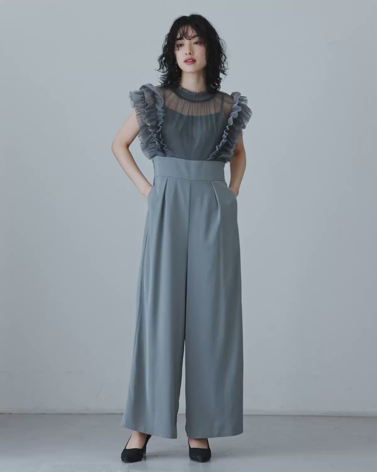 フリルハイウエストワイドパンツドレス オールインワン パーティー