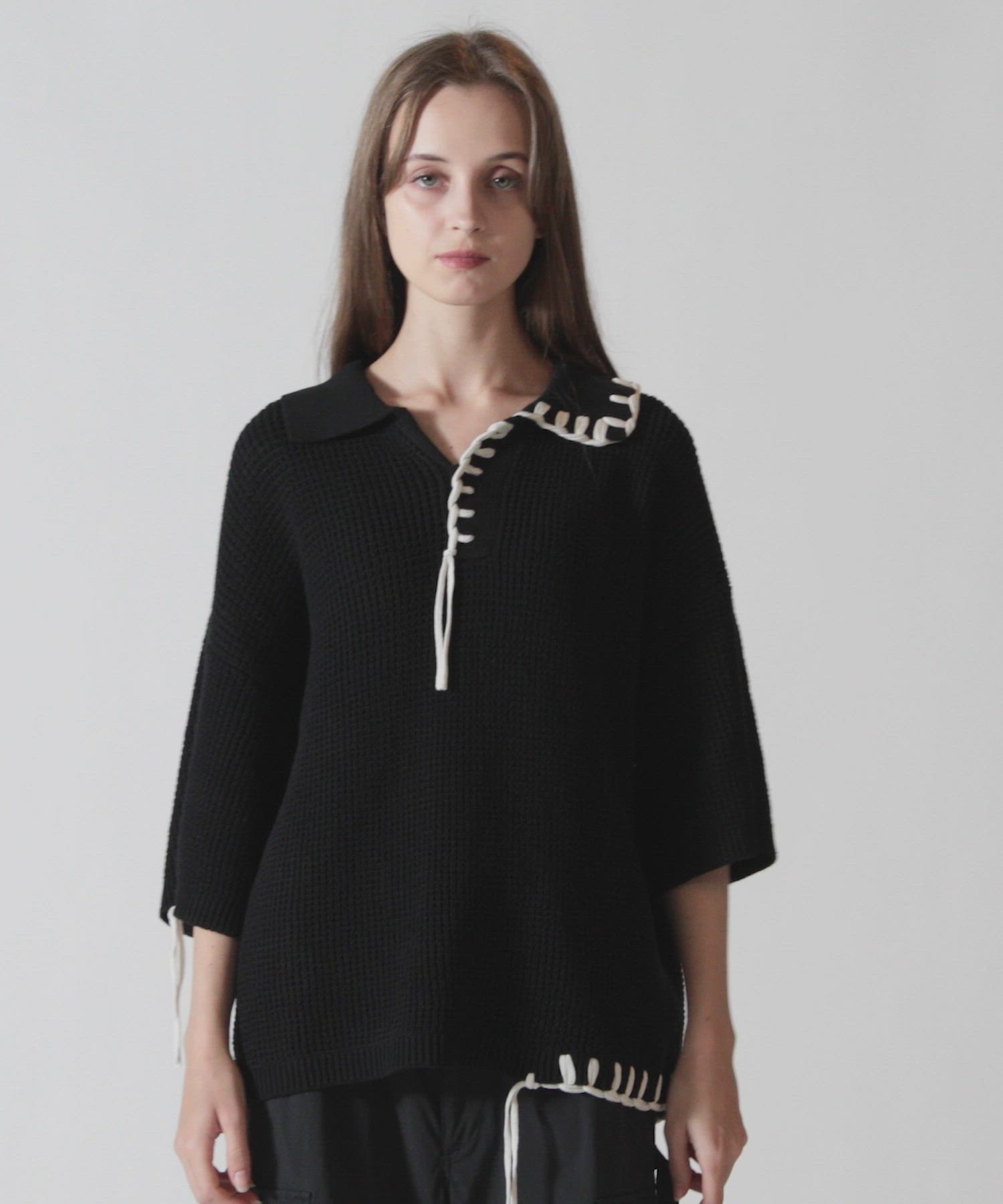 CLEL】Hand Stitched Waffle Skipper Short Sleeve Knit Polo/ハンド