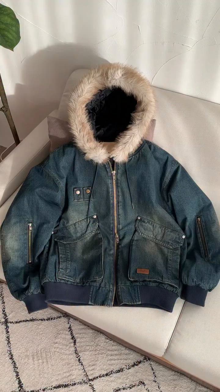 【Perushu】 ヴィンテージライクデニムフードファーブルゾン ヴィンテージライクデニムフードファーブルゾン（ブルゾン）｜Perushu